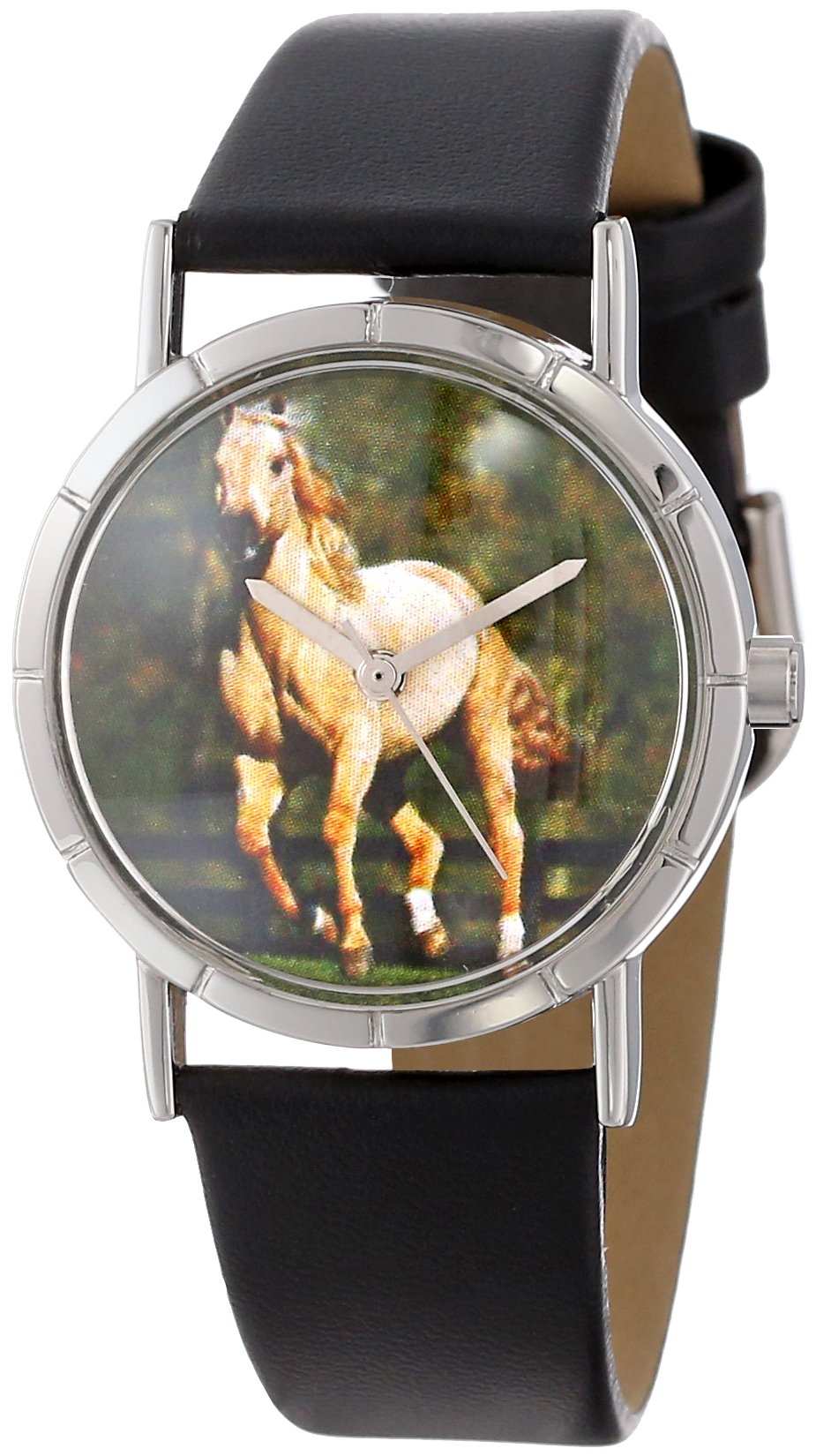 Whimsical Watches Quarter Horse Black Leather and Silvertone Photo Unisex Quartz Watch with White Dial Analogue Display and Multicolour Leather Strap R-0110030