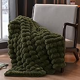 David's Home Reversible Faux Rabbit Fur Throw Blanket Twin Size, Luxury Soft Thick Shaggy Warm Fuzzy Bubble for Couch,Cozy Plush Fluffy for Fall Winter,Winter Moss,60 "* 80"
