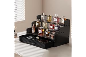 3 Tier Cologne Stand with Drawer, Wooden Cologne Organizer for Men, Retro Perfume Stand Organizers, Display Riser Shelf Holde