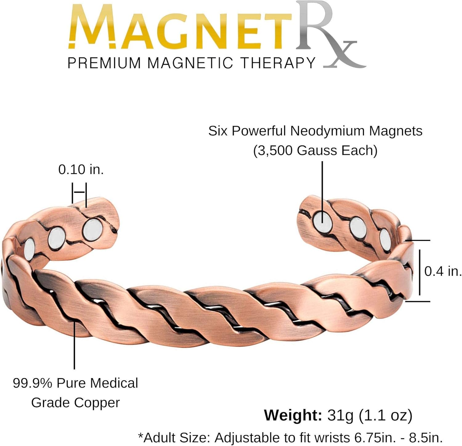 MagnetRX® Pure Copper Magnetic Bracelet - Arthritis Pain Relief & Carpal Tunnel Magnetic Therapy Copper Bracelets for Men - Adjustable Cuff + Gift Box (Copper | Medium - Large): Health & Personal Care