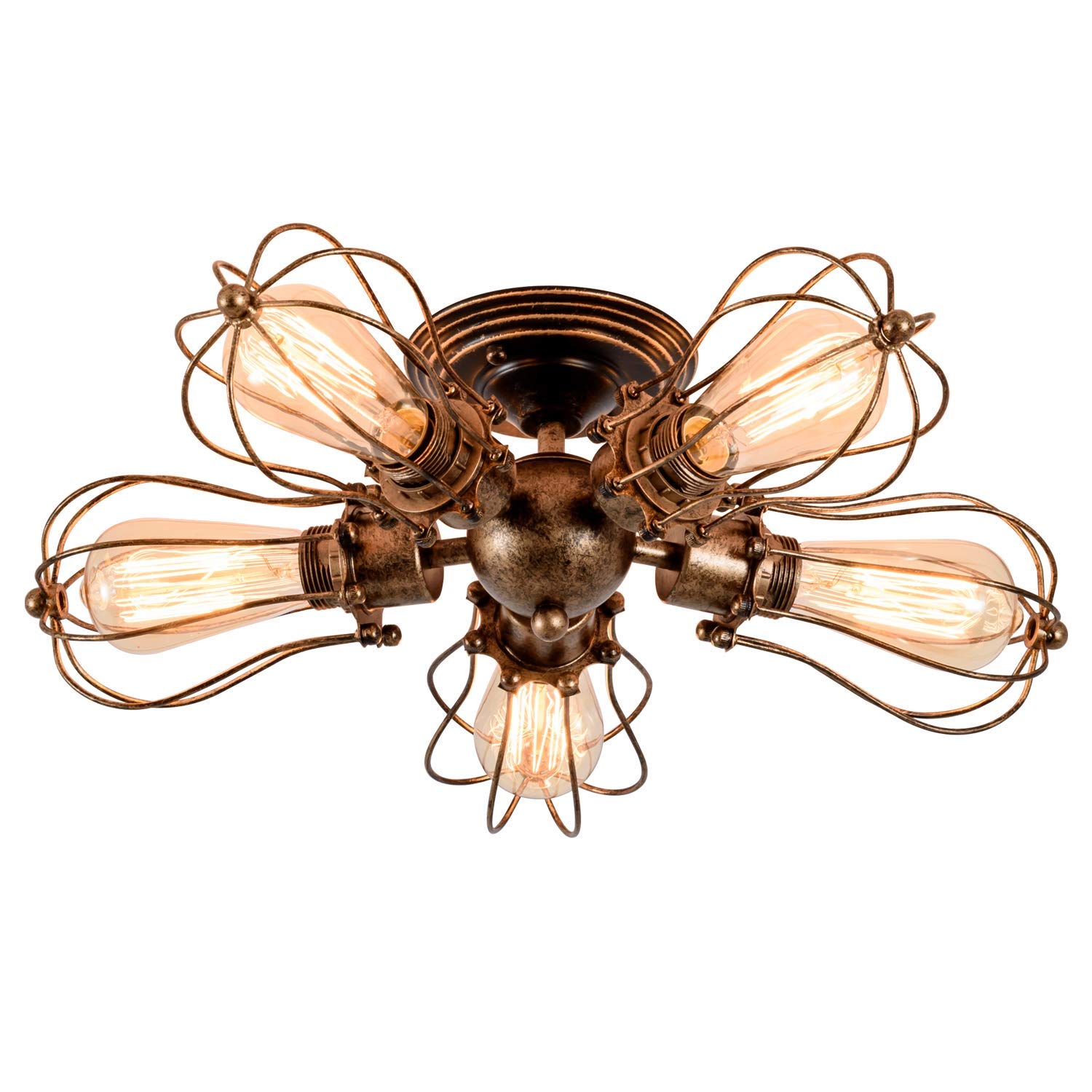 GLADFRESIT Vintage Ceiling Lights Adjustable Socket Retro Chandeliers Metal Wire Cage Lamp Semi-Flush Mount Rustic Ceiling Light Indoor Home Industrial Lighting Fixture (5-Lights)