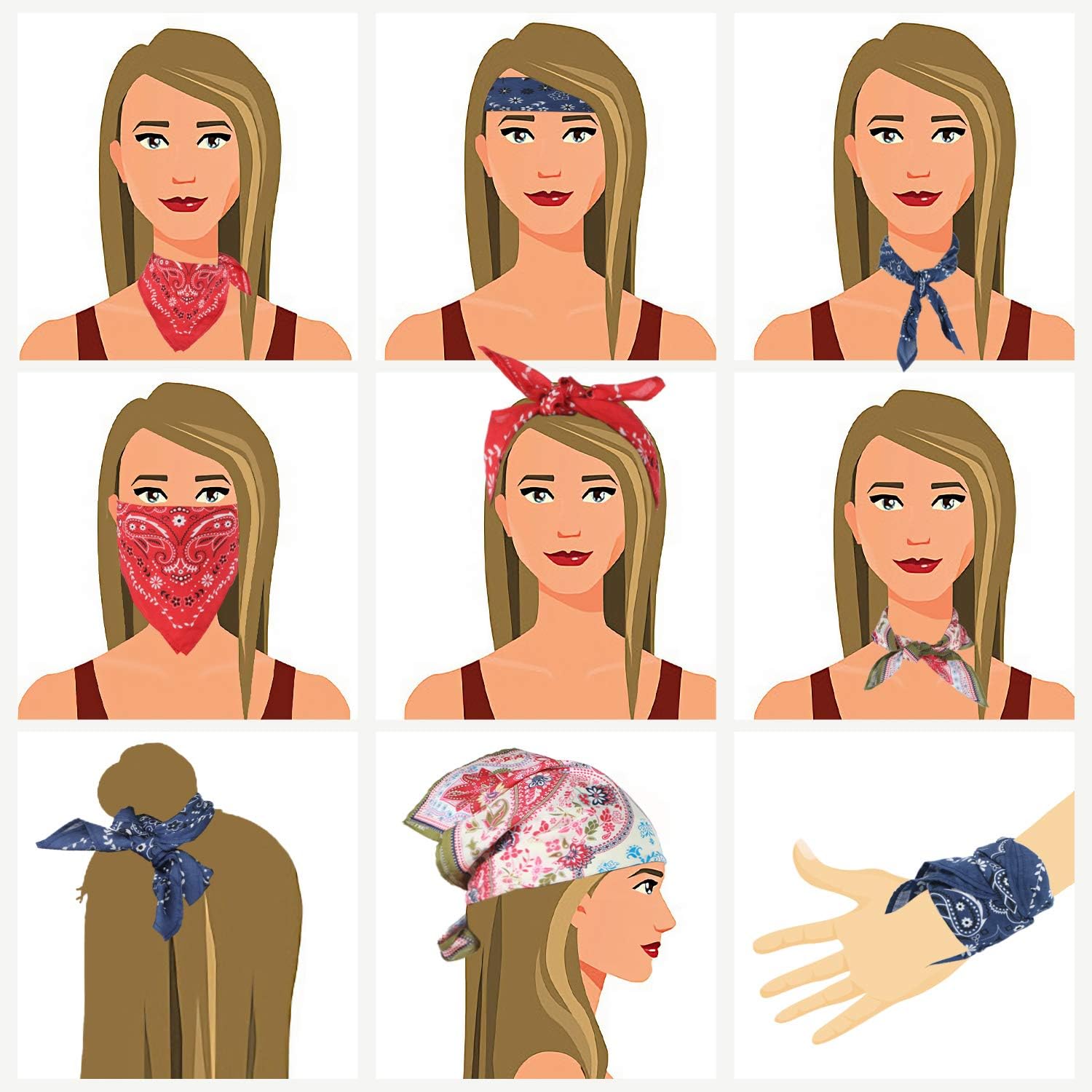 3 Pack Bandanas 100% Combed Cotton Colored Handkerchiefs for Women and Men, Multi-functional Cool Headbands (005): Clothing