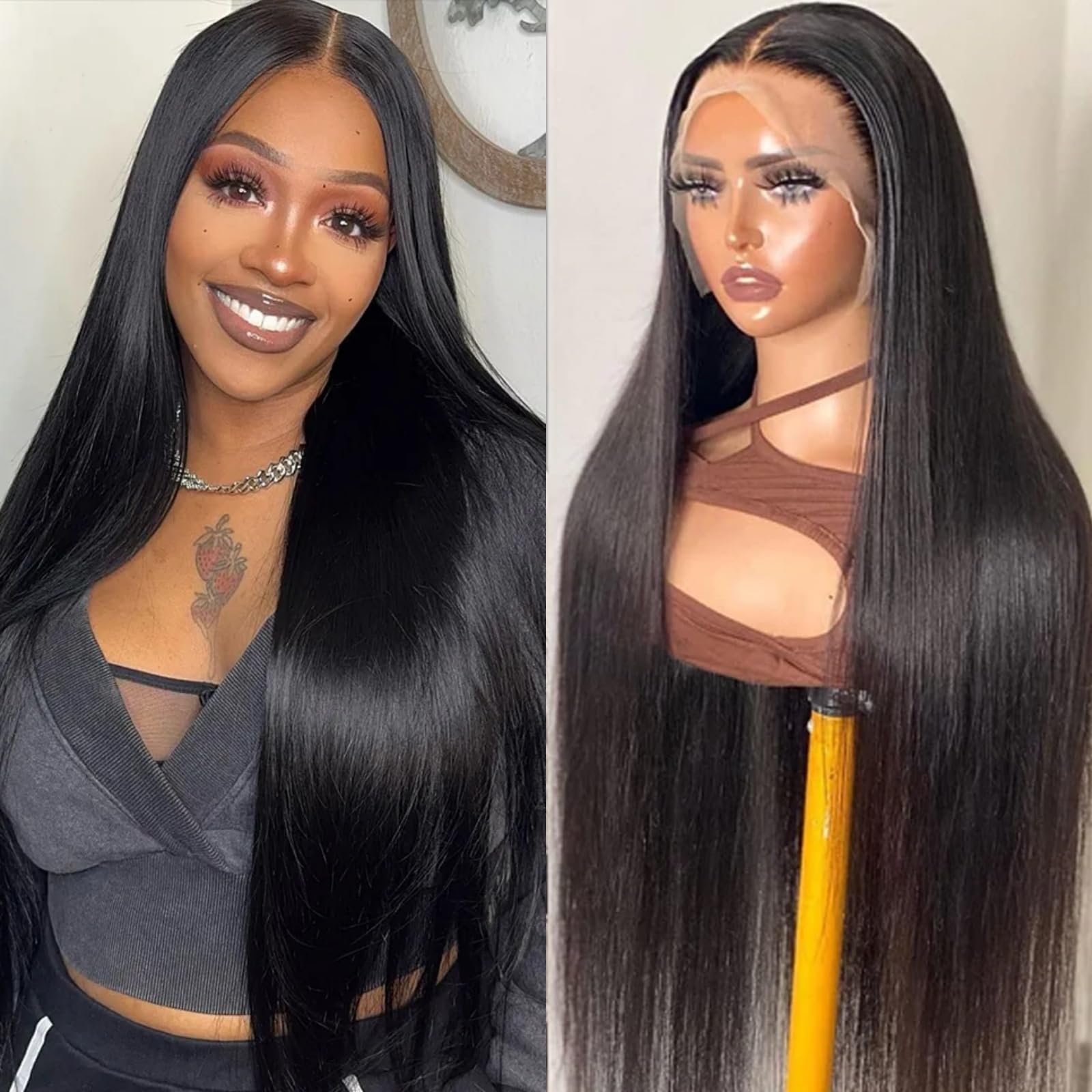 Junemet 26 Inch 13x6 200% Density HD Lace Front Wigs Human Hair Wig Bone Straight Human Hair Wigs Glueless Real Brazilian Virgin Human Hair Lace Frontal Wigs Pre Plucked for Women