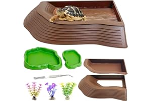 Apatal Reptile Bathing Pool 2-in-1 Tortoise Water Dish with Ramp Turtle Feeding Bowl with Steps Plastic Reptile Food & Water Dishes 7 Pcs Gecko Habitat Decoration Accessories Lizard Bath Tub