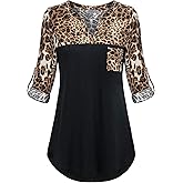 MOQIVGI Womens Roll Up Long Sleeve V Neck Patchwork Blouse Shirt Tops