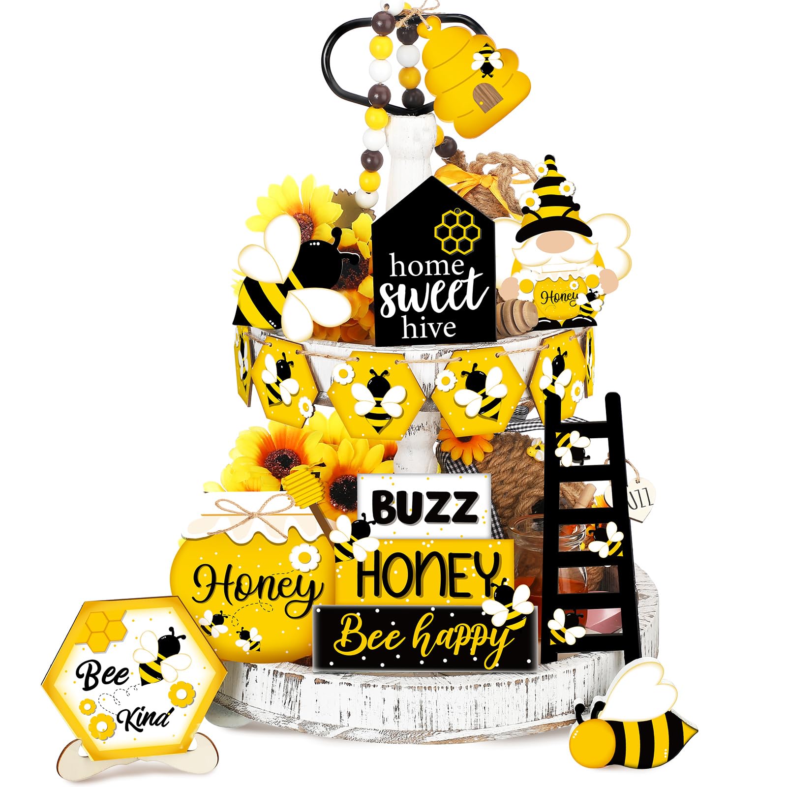 Photo 1 of 15 Pcs Bee Tiered Tray Decor Set Bee Wooden Sign Table Decorations Farmhouse Sweet Hive Happy Honey Tray Decor