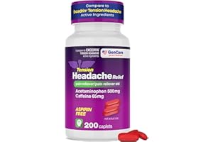 GenCare - Tension Headache Relief Pain Reliever with Acetaminophen 500 mg & Caffeine 65 mg (200 Caplets) Best Value Bulk Extra Strength for Head, Migraine, Joint Pain & Body Ache Relief Medicine
