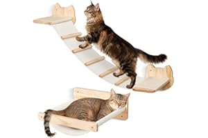 Petjoyi Cat Wall Shelves and Hammock Set, Cat Bridge Wall-Mounted with Climbing Steps and Sisal Roped Scratch Perch, Multi-Le