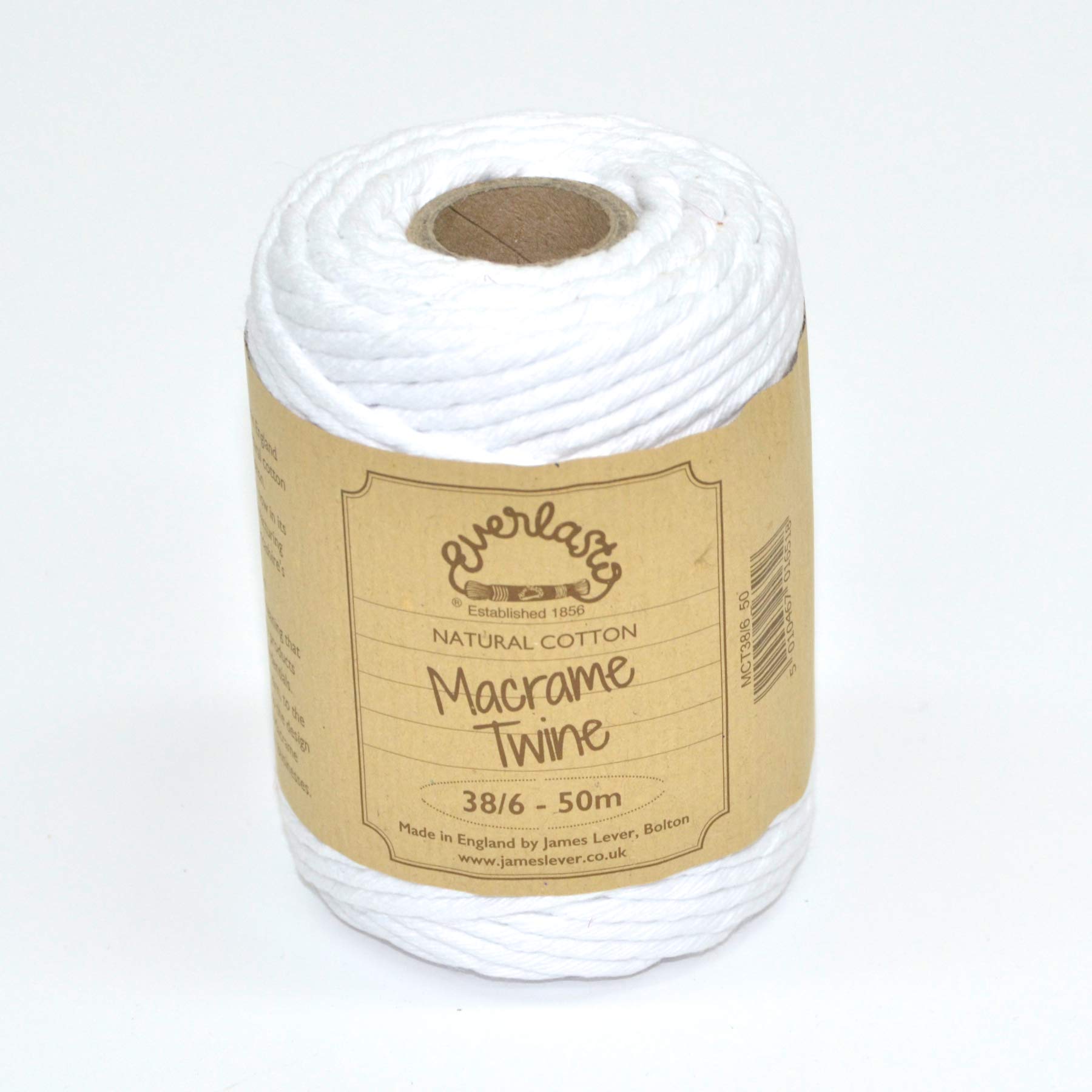 50M Spools - Everlasto Single Twist Soft Cotton Coloured Macrame Craft Twine 38/6 (4mm approx) (Snow White)