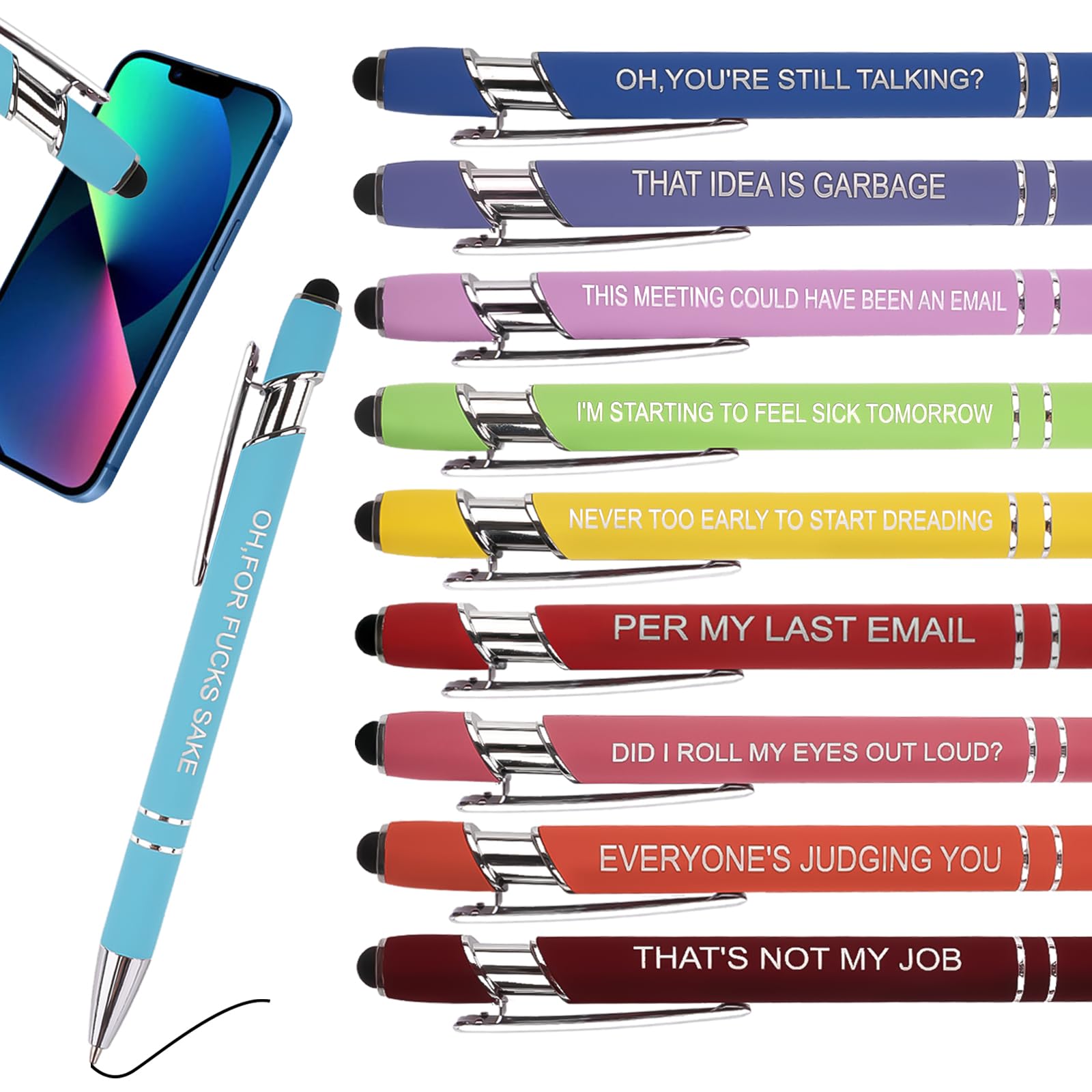 10 Pcs Retractable Ballpoint Pens, 2 in 1 Black Pens Ballpoint with Funny Quotes, Funny Pen Screen Touch Stylus Pen Writing Journaling Office Supplies Funny Gift — image 1