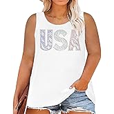 YALUCOR Women Plus Size 4th of July Shirt American Flag Tank Tops USA Sequin Tees Sparkle Stars Patriotic Sleeveless Tops