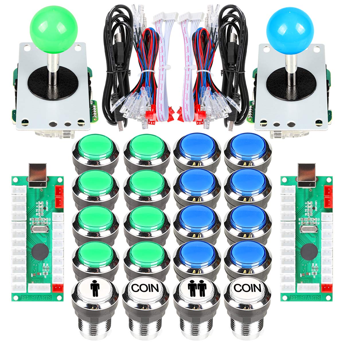 Fosiya 2 Player Arcade Joystick LED Chrome Push Buttons for PC MAME Raspberry Pi Video Games Arcade Cabinet Parts (Blue - Green Kit)
