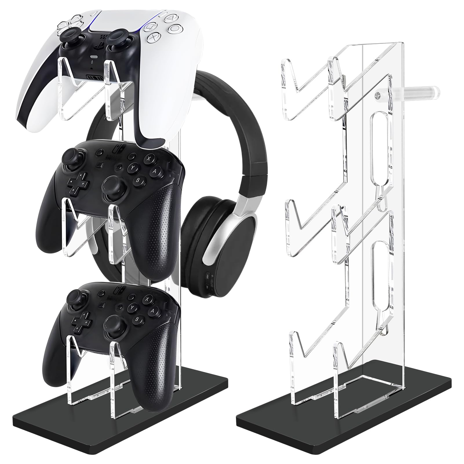 FYY Game Controller Holder 3 Tiers - Universal Dual Controller Stand Headphone Holder, Acrylic Black Controller Display Stand Compatible with Nintendo Switch Xbox PS5 PS4, Desk Mounts for Controller