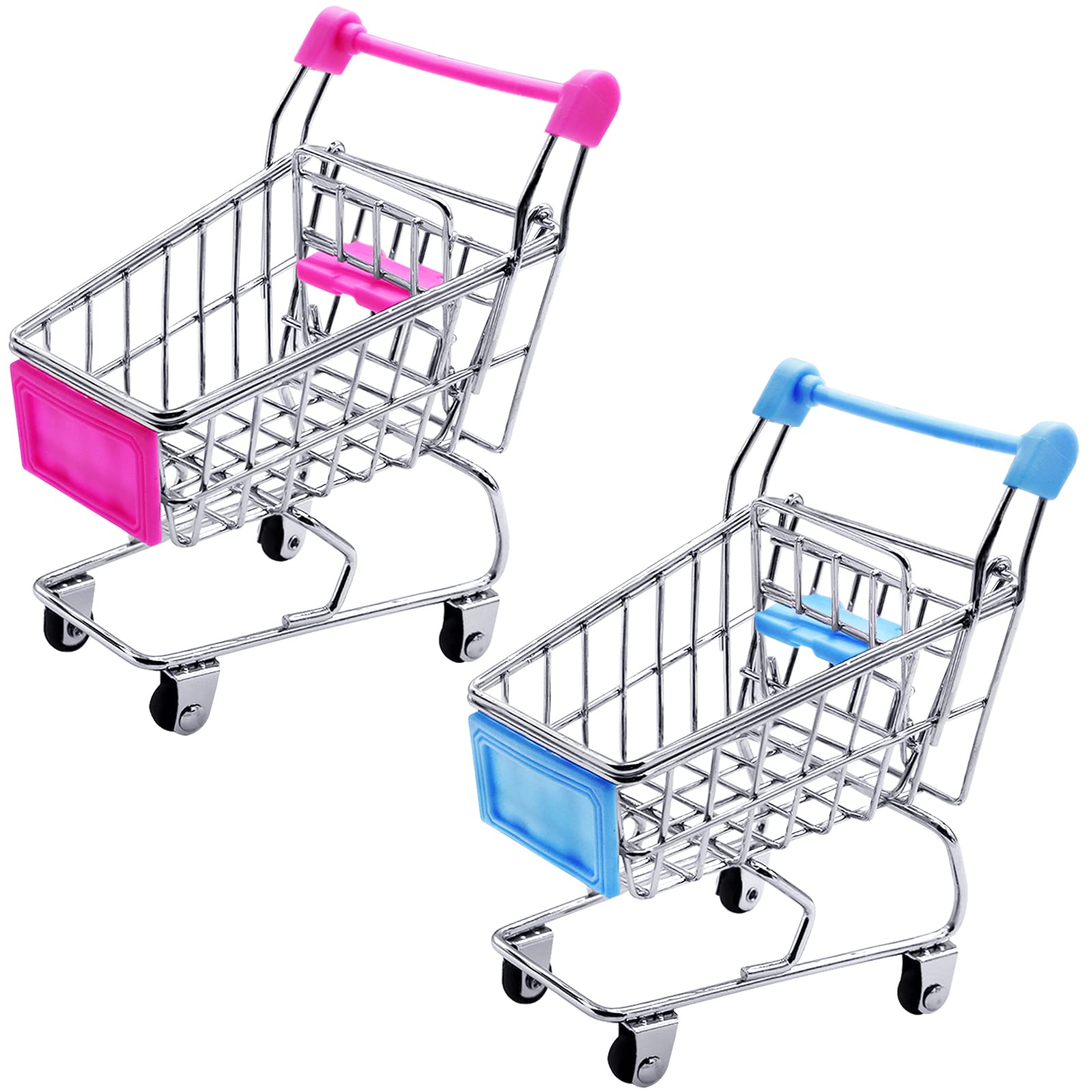 Mini Shopping Trolley, Yeelua 2 Pcs Mini Trolley, Miniature Shopping Cart Trolley Desk Tidy Storage for Kids, Make Up Holder Rack Storage Stainless Metal Racking for Decoration (Rose & Blue)