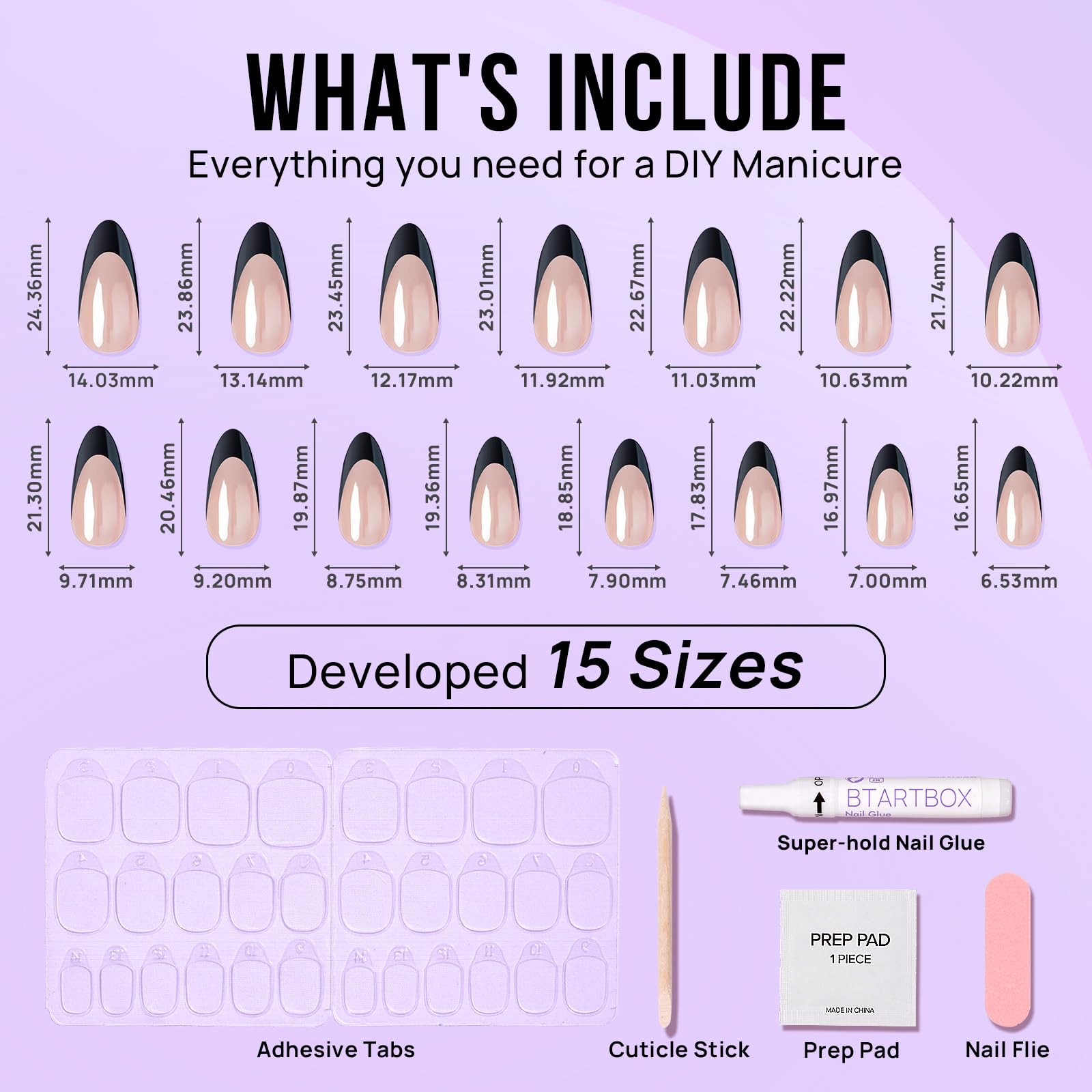 BTArtbox French Tip Press On Nails - Short Almond Press on Nails, Glue On Nails for Gift, Natural Reusable Stick On Nails in 15 Sizes - 30 Fake Nails Kit, Black Swan - Image 6