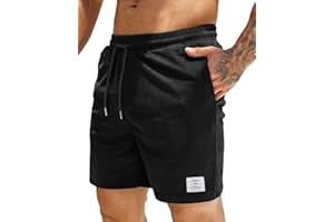 LVCBL Men's Casual Corduroy Shorts Elastic Waist Drawstring with 3 Pockets Classic-Fit Summer Beach Shorts Vacation