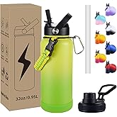 CoolSub Insulated Water Bottle, 32 oz Stainless Steel Wide Mouth Water Bottles with 2 Leak Proof Lid and Paracord Handle, Double Wall Vacuum Insulated Sports Water Bottle, Gradient Green