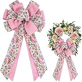 YKW Large Pink Floral Spring Bows for Wreaths, Premium Linen Burlap Bow with Wired Edge, Spring Decor, Outdoor Indoor Easter Decoration, Handmade Gift Bow