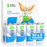 EBL 9V Batteries 8 Pack, Alkaline Power 9 Volt Battery,7-Year Shelf Life | Square Batteries 6LR61, for Smoke Alarms, Guitar Pedals, Microphone, Non-Rechargeable, Mercury-Free, Leak-Resistant