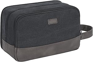 WANDF Travel Toiletry Bag for Men Hanging Dopp Kit Canvas Toiletry Organizer Water-Resistant Vegan Leather Shaving Bag with W