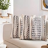 Emvency Boho Throw Pillow Covers 18x18 Inches Set of 2, Brown and Grey Chenille Tufted Farmhouse Striped Chic Modern Art Square Decorative Couch Pillowcases for Home Decor Bedroom Sofa Living Room