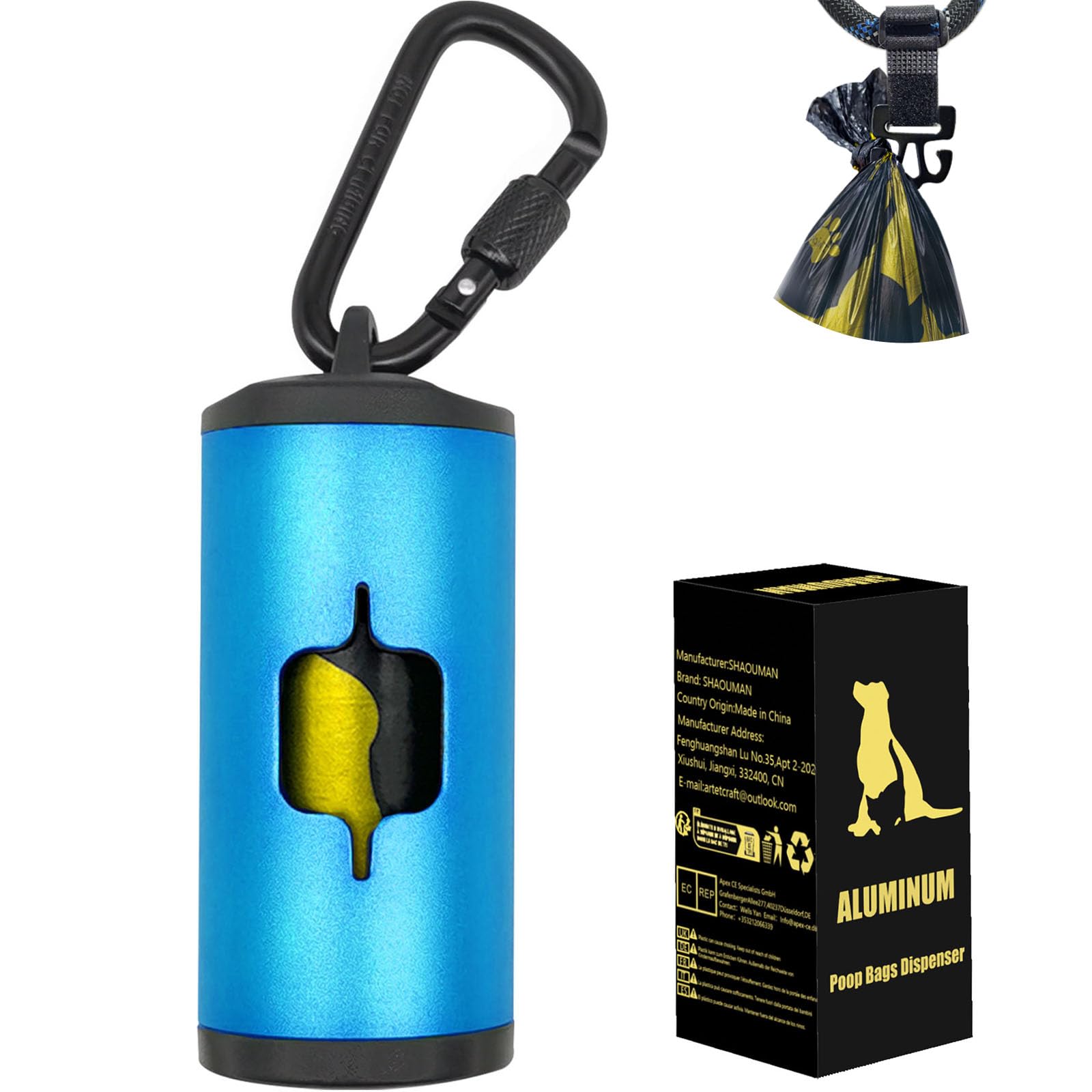SHAOUMAN Metal Dog Poop Bags Holder Aluminum Poo Bags Dispenser with 15 Black Unscented Pet Waste Bags and 3 Leash Accessories for Dog Walking(1 Holder 15 Bags,Blue)