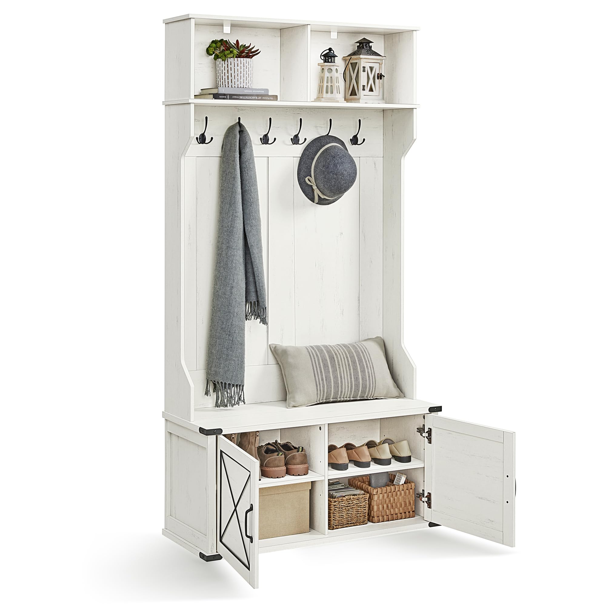 Photo 1 of ***CRACK ON DOOR*** VASAGLE Hall Tree with Bench and Shoe Storage, Coat Rack with Shoe Bench, Shoe Cabinet, 2 Open Compartments, 6 Tri-Hooks, Entryway, Farmfouse Style, Space Saving, Rustic White UHSR430W02