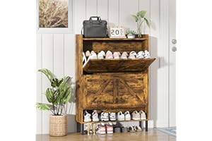Wakefit Shoe Cabinet Storage for Entryway, Shoe Organizer with 2 Flip Drawers, Farmhouse Wooden Hidden Freestanding Shoe Cabinet with Metal Legs, Tall Narrow Shoe Cabinet for Hallway(Rustic Brown)