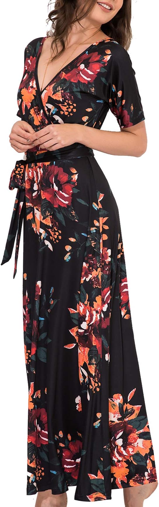 Aphratti Womens Bohemian Short Sleeve V Neck Faux Wrap Long Beach Maxi Dress