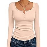 Ekouaer Women's Long Sleeve Henley T Shirts Fall Button Tops Slim Fit Casual Blouse Soft Thermal Undershirts