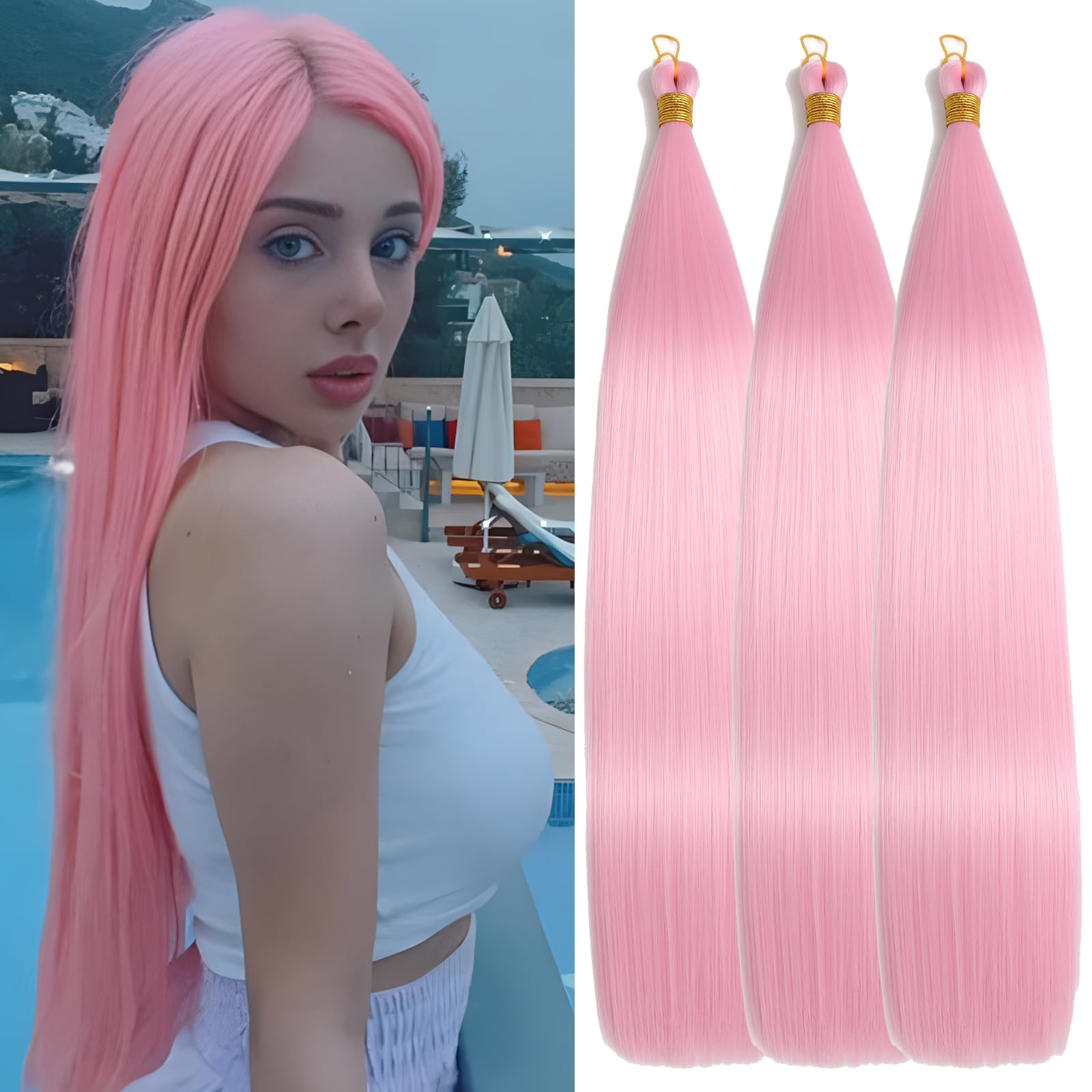Locescsoc 24 Inch Bone Straight Braiding Hair 150g 3 Packs Straight Hair Extensions, Ariel Straight Hair Bundles, Silky Soft Synthetic Hair for Women (Pink#)