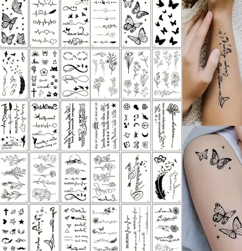 30 Sheets Fine Line Temporary Tattoos Realistic Removable Body Art Words