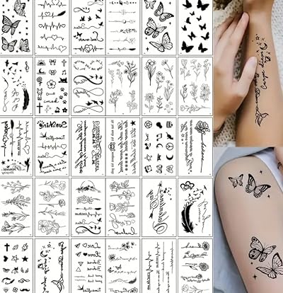 30 Sheets Fine Line Temporary Tattoos Realistic Removable Body Art Words