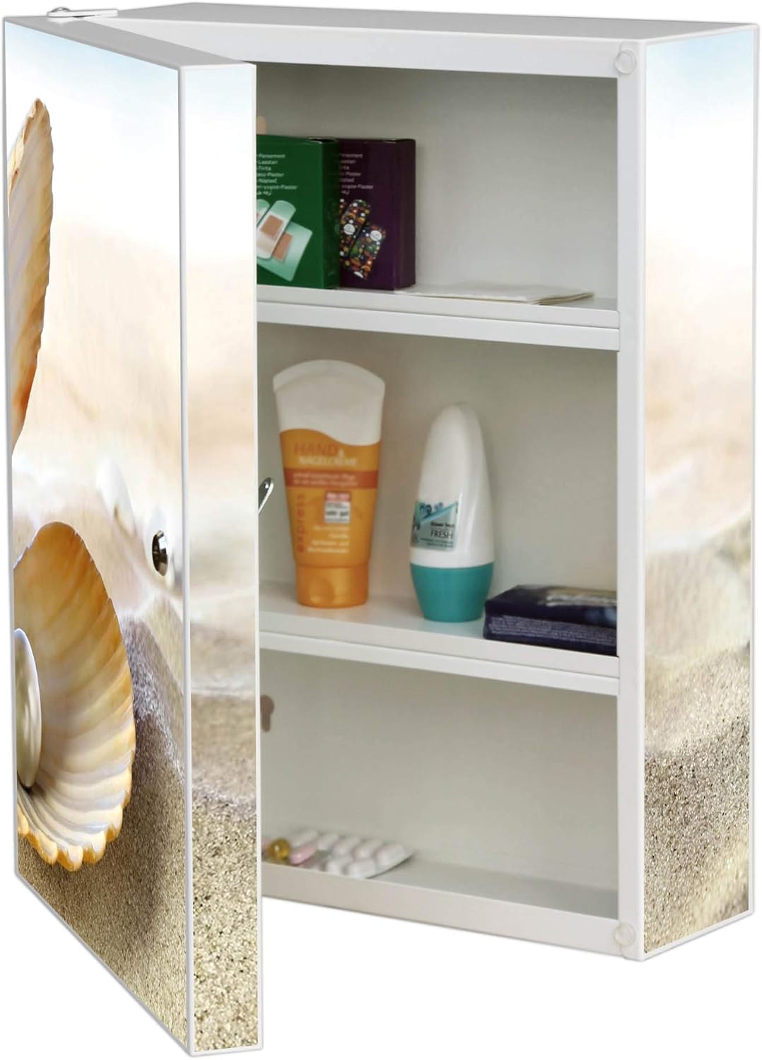 Medikamentenschrank aus Metall weiß Motiv Perlenmuschel mit 2