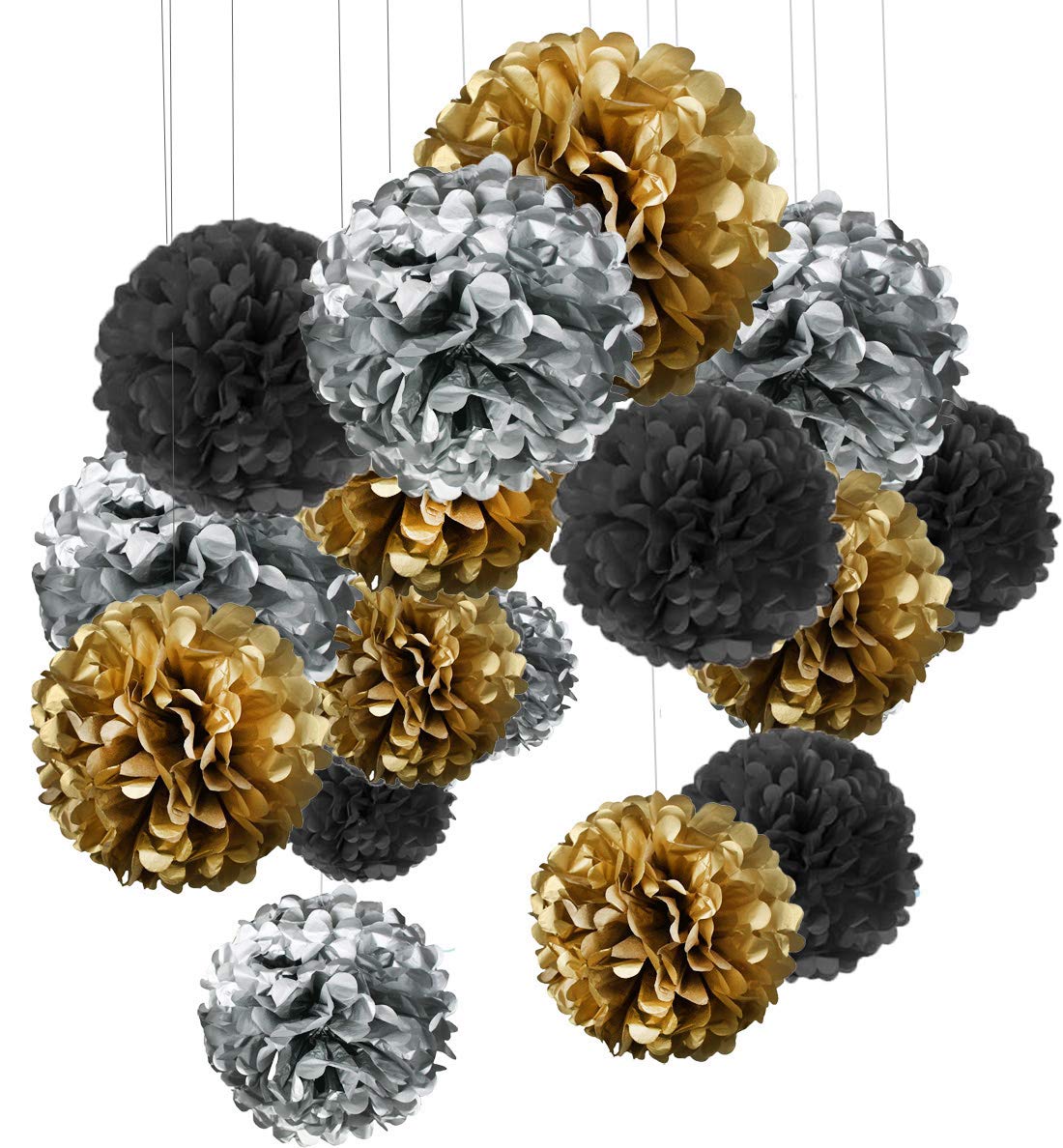 MAKFORT 15pcs Pompom Decorations Tissue Pom Poms Paper Flower Ball for Wedding Festival Party Gold Sliver Black(30.5cm/25cm/15.5cm)