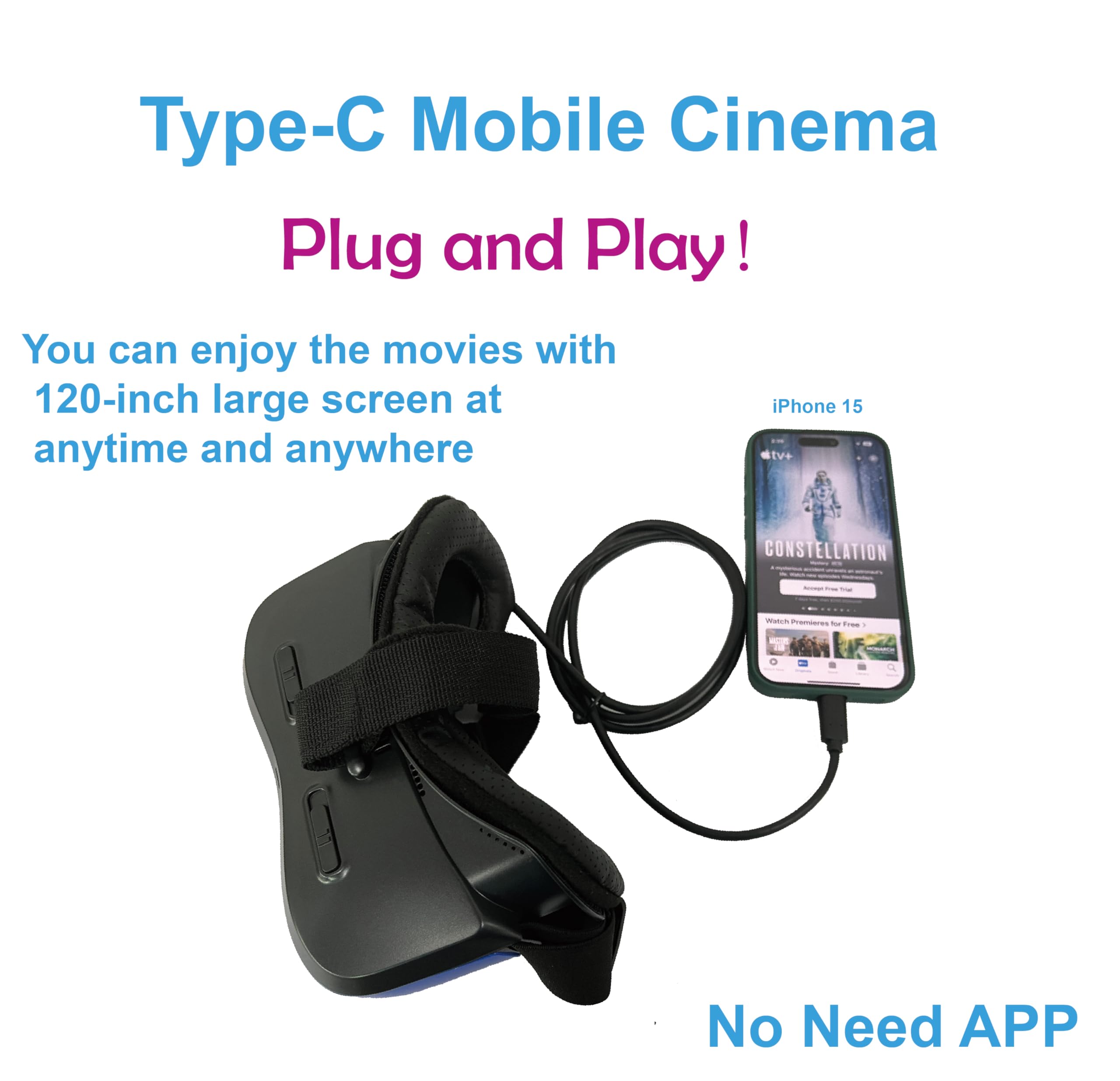 Simple Video Display Glasses.Type-C Input, Easy Connect to i-Phone 15/16,Plug &Play, no Need APP, Lightweight Display Headset, Monitor,Head-Mounted Display (Bigeyes H5 USB-C)