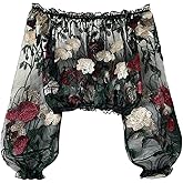 WDIRARA Women's Floral Embroidered Off The Shoulder Tops Mesh Sheer Bishop Sleeve Blouse Boho Crop Tops