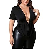 SOLY HUX Women's Plus Size Cowl Neck T Shirt Metal Decor Short Sleeve Going Out Tops