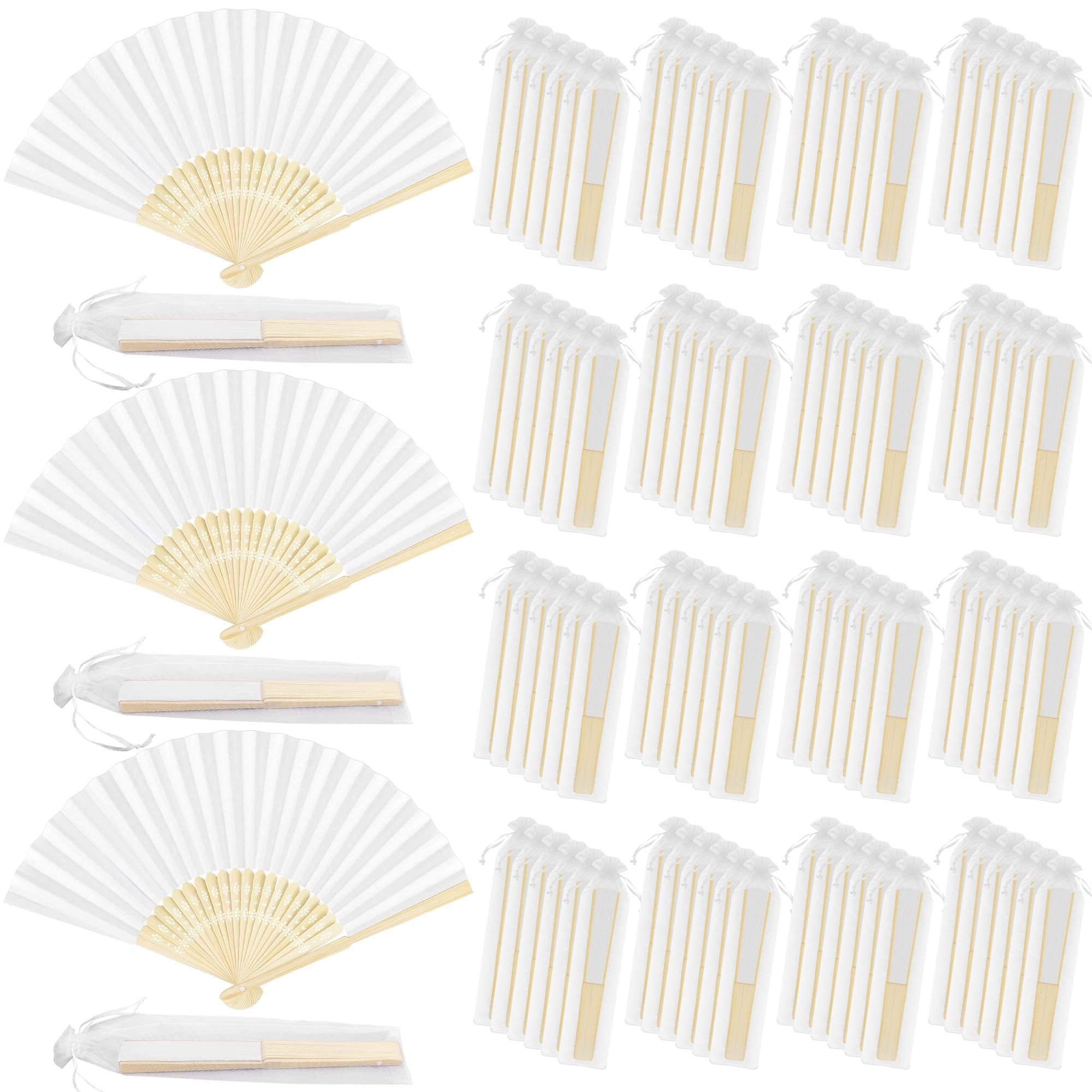 Photo 1 of MCEAST 120 Pieces Wedding Handheld Paper Fans White Bamboo Folding Paper Fan with 120 Organza Bags Foldable Cool Wedding Favors Wedding Fans for Guests Party Favors DIY Decoration