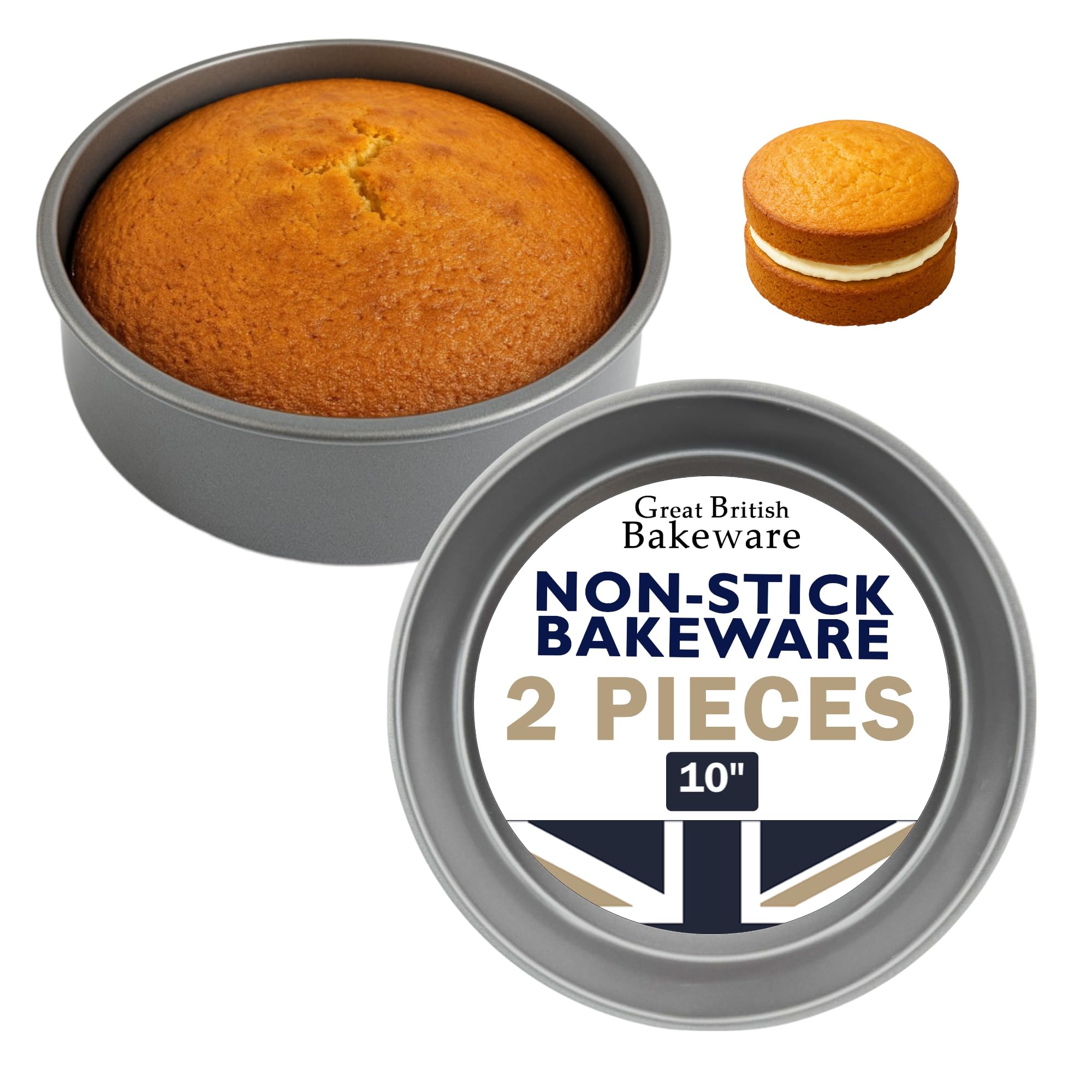 Great British Bakeware 2 Pack 10" Tapered Sides Deep Double Coated Non-Stick Victoria Sandwich Cake Tin, Baking, Oven Safe, Round Cake Tin, Fixed Base PFOA & BPA Free Cookware, Made in England