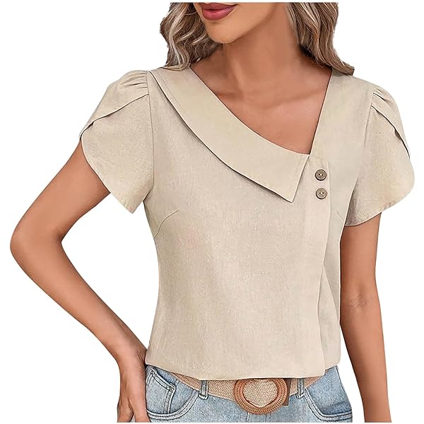 LMSXCT Women's Short Petal Sleeve Asymmetrical Neck Button