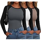 Locoowai 3 Pack Women's Long Sleeve Shirts Fitted Color Block Baseball Tee Raglan Crew Neck Layering Tops