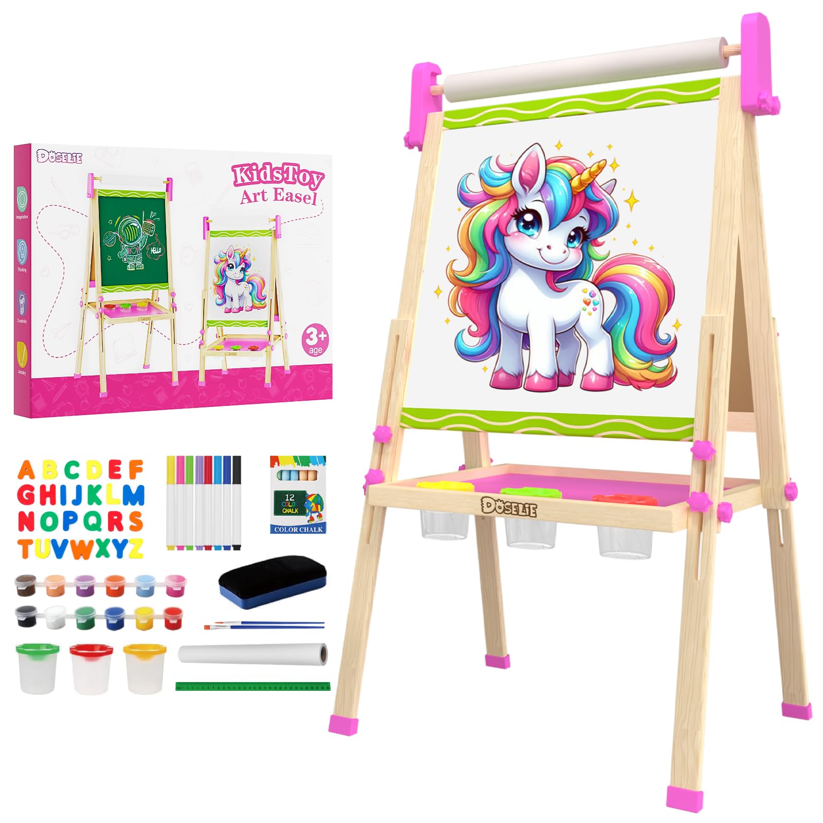 Photo 1 of **MISSING PIECES UNKNOWN**Doselie Easel for Kids,Adjustable Wooden Kids Art Easel with Paper Roll,Double-Sided Magnetic Toddler Easels,Dry Erase Whiteboard and Chalk Board,Toys for 3 4 5 6 7 8 9 10 Year Old Girl Boy Gift