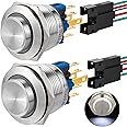 22mm Push Button Switch Momentary Latching High Round Waterproof IP67 On Off Stainless Steel 304 with 12V, 24V LED for 7/8" with Wire 2PCS (White, Momentary,12V)