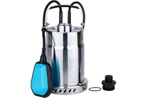 BOMGIE 1HP Sump Pump 3410GPH Stainless Steel Submersible Water Pump 115V w/Adjustable Automatic Float Switch, Clean Water Removal Transfer Pump for Basement Pool, Pond, Garden and Hot Tub