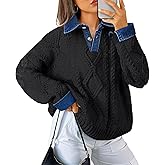 Soesdemo Womens Oversized Cable Knit Sweaters Chunky Long Sleeve Button Up Denim Polo Neck Knit Pullover Tunic Sweaters