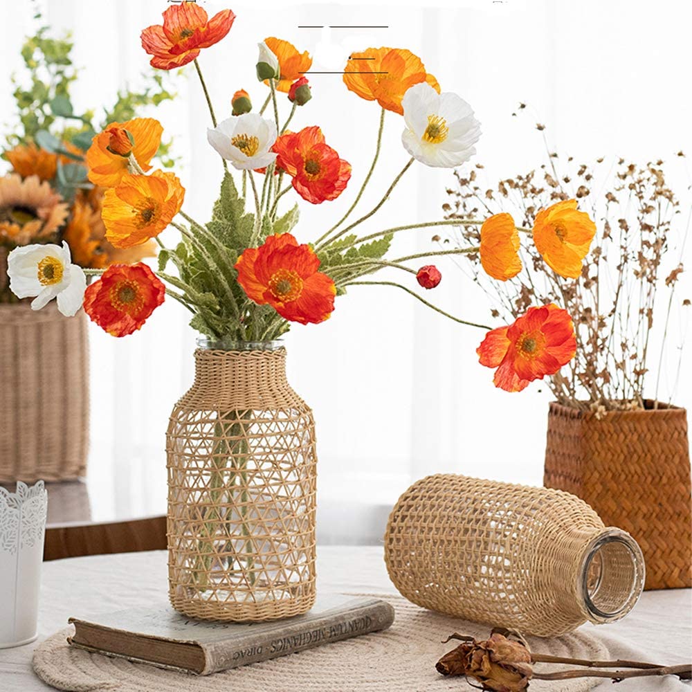 Tiamu Crystal Glass Flower Vase, Country Style Glass Pot Seagrass Woven for Pampas Grass, Hydroponic Vase, Flower Vases for Decor Centerpiece, Oblong, Brown, Woven, Sturdy, 10.5 x 20 x 7cm