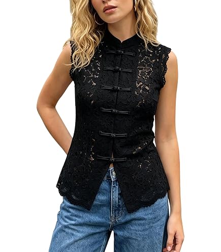 CIDER Women's Lace Mandarin Collar Split Tank Top: White, XXS at