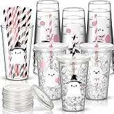 Willinglong 12 Pcs Halloween Plastic Ghost Cups with Straw and Lid Cute Pink White Ghost Cups for Drinks Halloween Decoration Party Favors