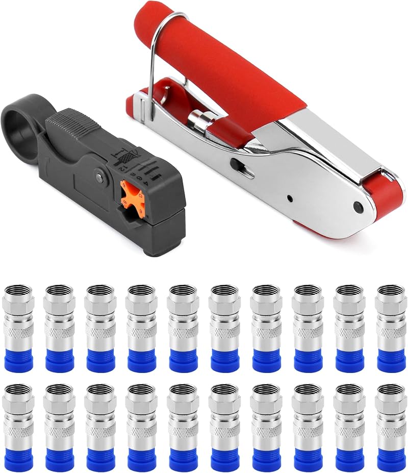 QWORK 22PCS Coax Cable Crimping Tool Set with Stripper and F Connectors